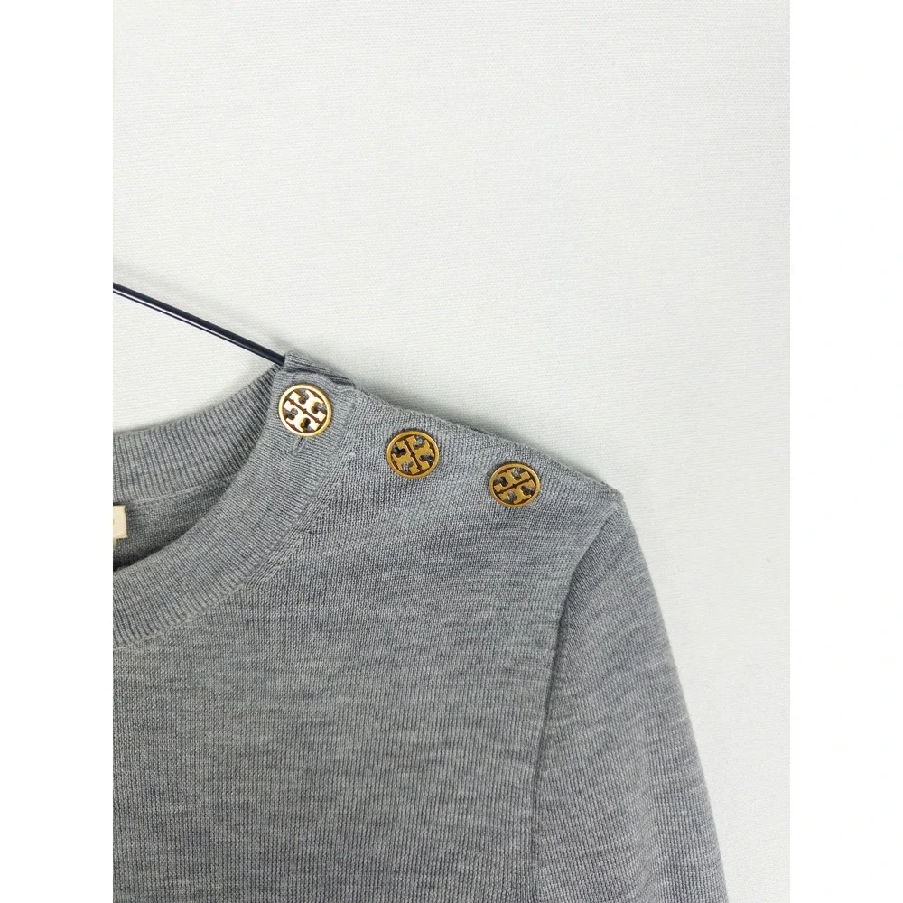 Tory Burch Merino Wool Crewneck Sweater Womens M Gray Bell Sleeve Gold Logo Quie